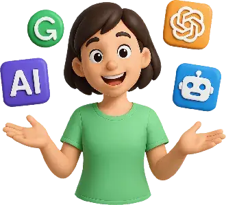 Cartoon illustration of a smiling woman with short brown hair wearing a green shirt, surrounded by icons representing AI tools like Google, ChatGPT, and a robot.